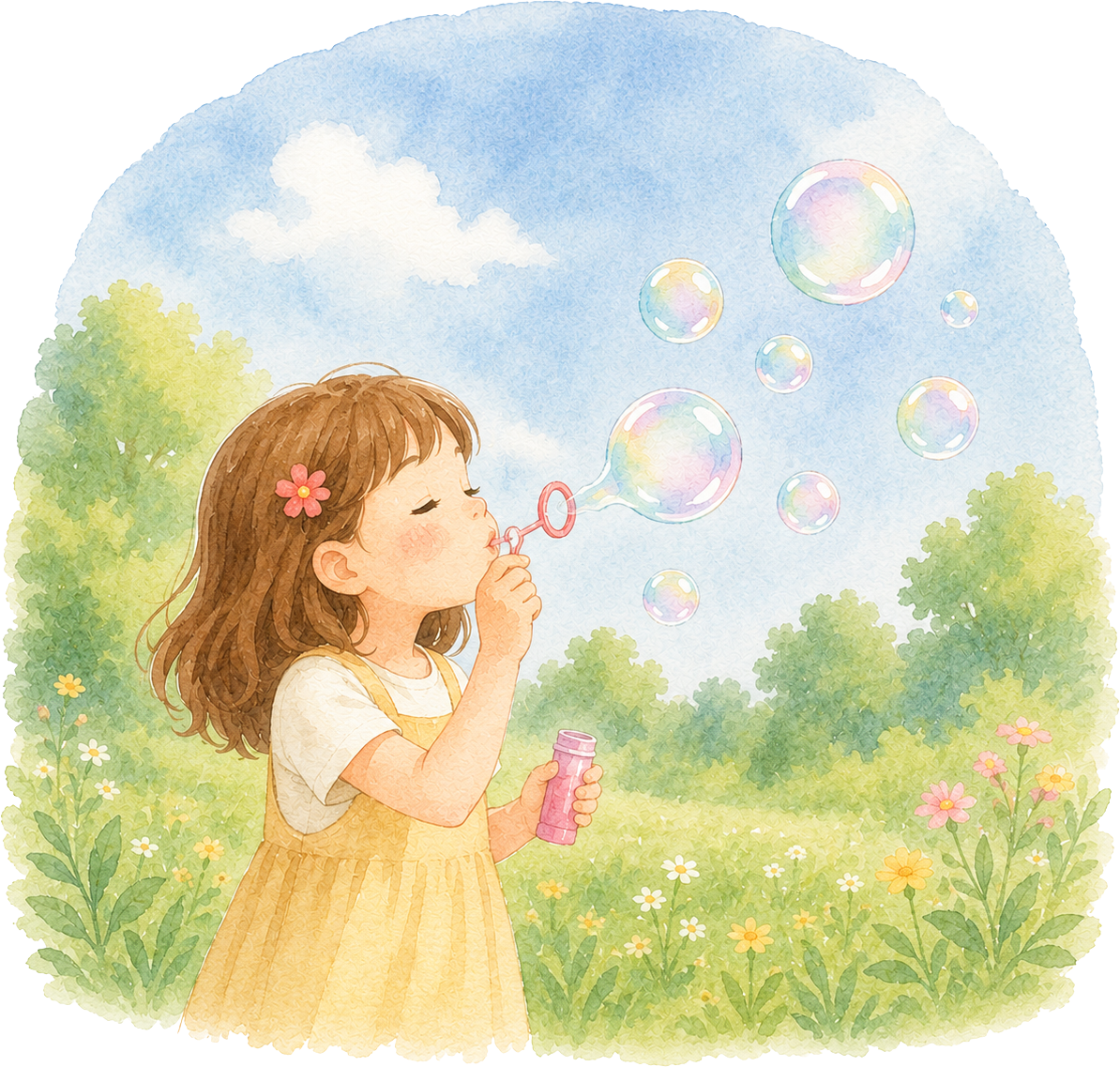 Girl blowing bubbles in a garden