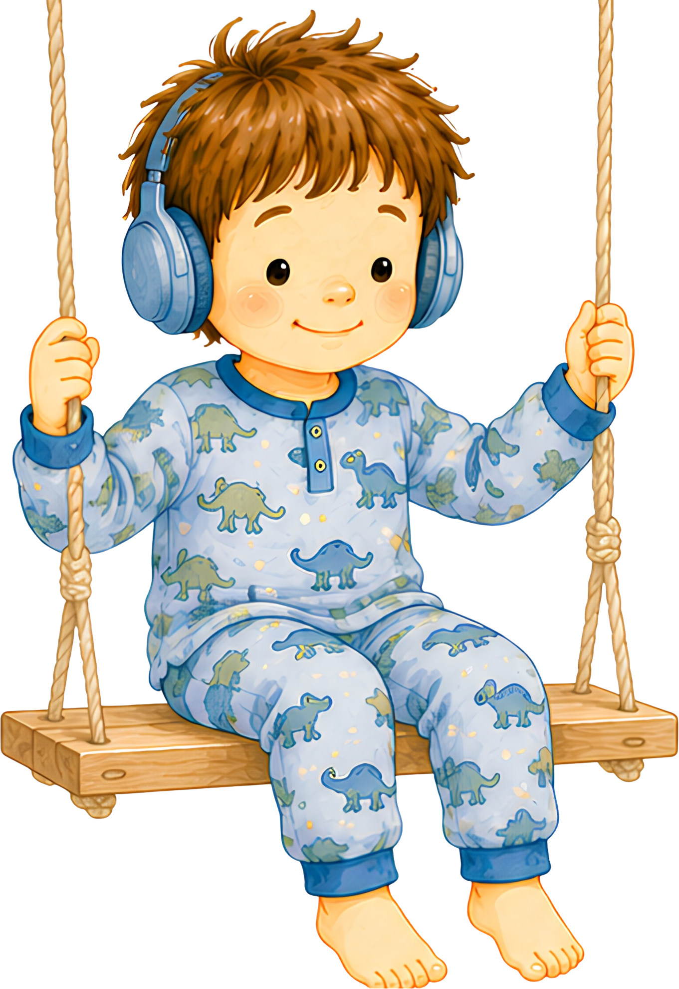 Boy wearing noise-cancelling headphones on a swing