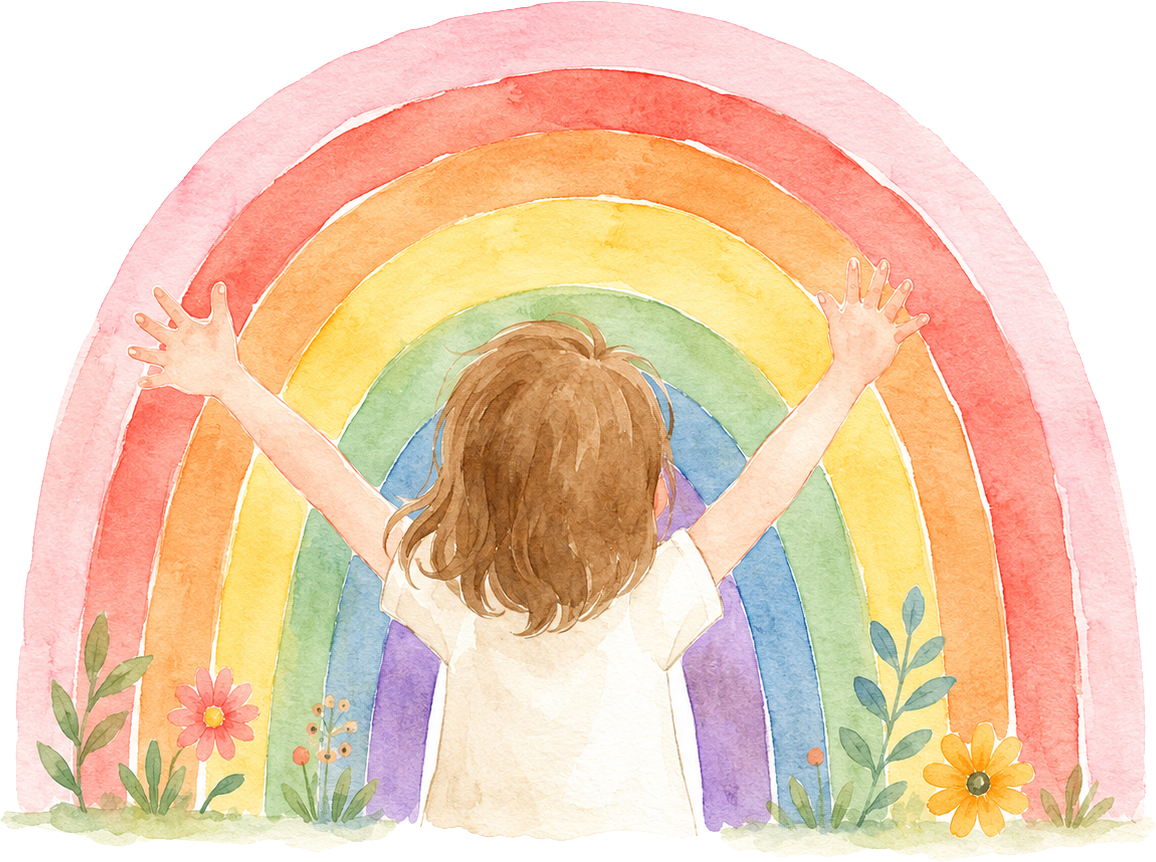 Child with arms raised under a watercolor rainbow